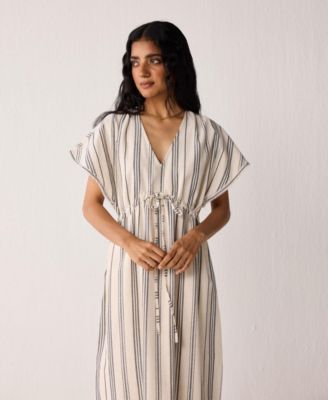 Women's Maxi Gathered Dress with Side Slits in Stripes