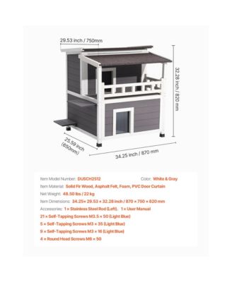 2 Story Wooden Cat House With Balcony Insulated Waterproof Outdoor Shelter For 1 3 Cats In Winter