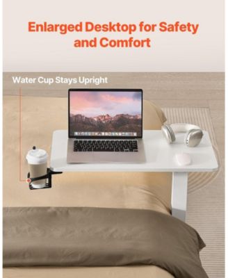 Adjustable Overbed Table with Hidden Wheels, 25.4-40.47 in Height Hydraulic Bedside Desk with Cup Holder