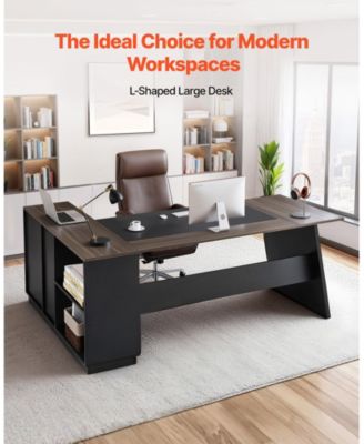 L-Shaped Executive Desk with File Drawer and Storage Cabinet, Large Modern Office Table, 350 lbs Capacity
