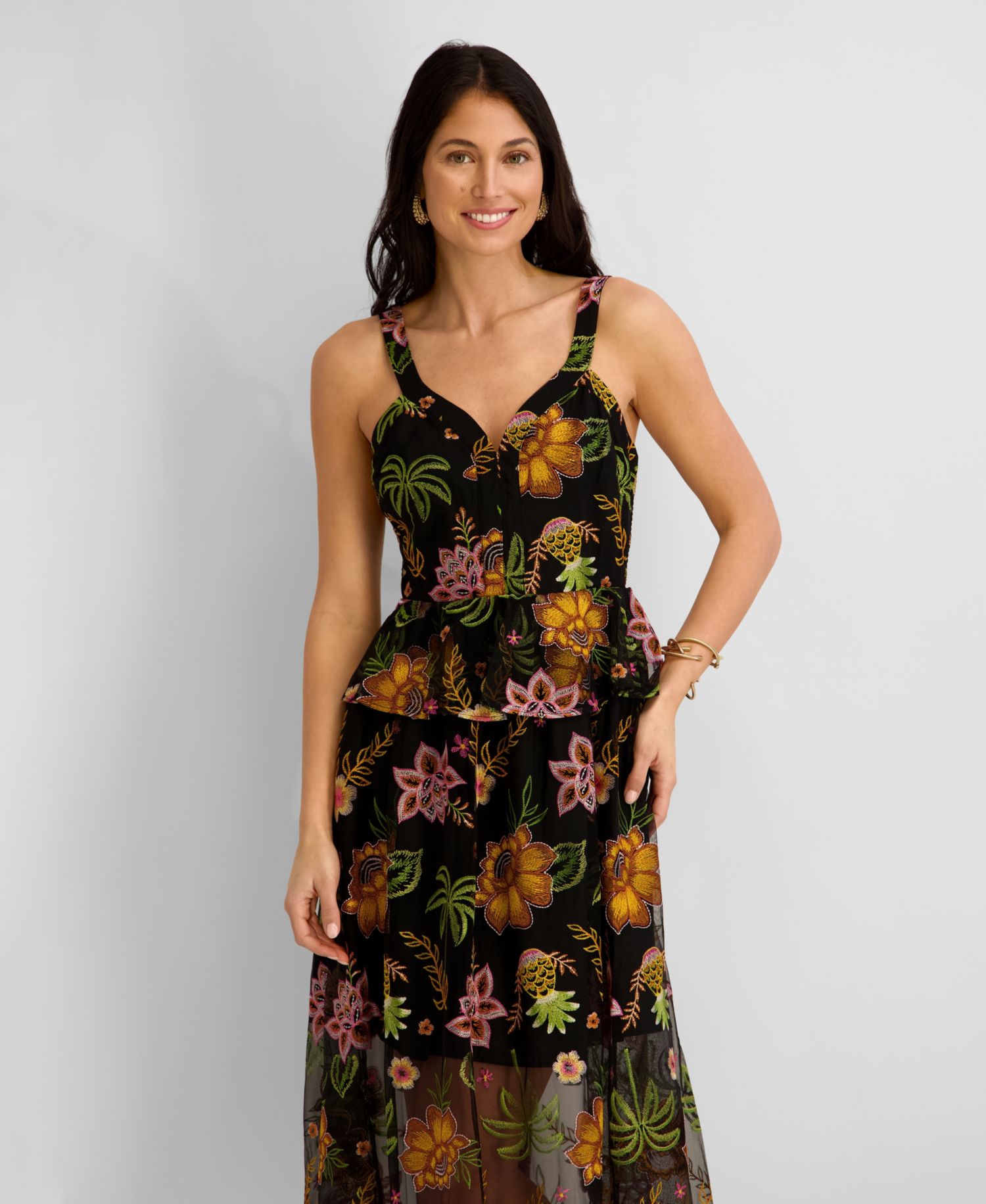 Women's Embroidered Mesh V-Neck Midi Dress