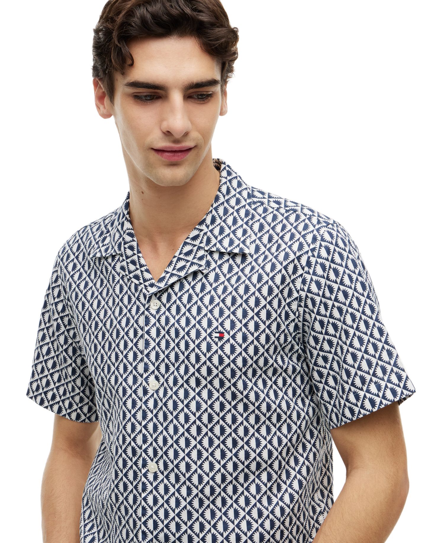 Men's Linen Blend Camp Collar All-Over Print Short-Sleeve Shirt