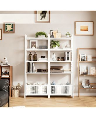 Ladder Shelf 4-Tier Bookshelf with Storage Basket Bamboo Bookcase