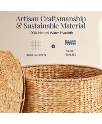 Large Round Storage Ottoman W/ Lid, Handwoven Water Hyacinth Footstool