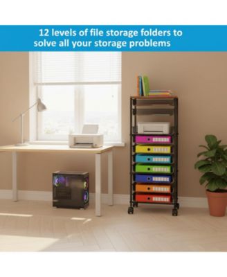 12 Tier Rolling File Cart Wood Top Metal Mesh Sliding Trays Office Home School Storage
