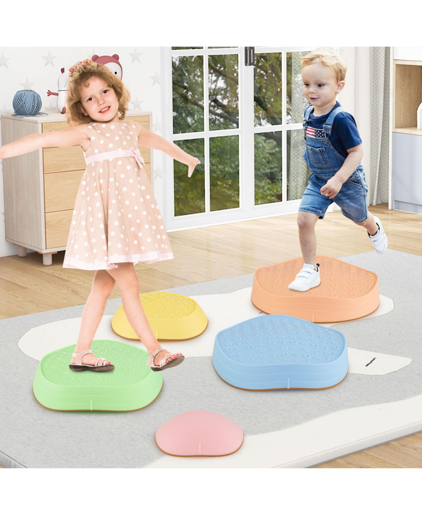 Детские игрушки Slickblue Kids' Non-Slip Indoor/Outdoor Balance Stepping Stones, 5-Piece Set, Ages 3+, цвет: Macaron — фото 4