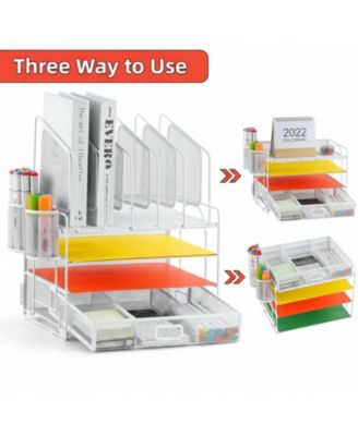 Multifunctional Desk Organizer 4 Tier Mesh File 5 Vertical Holders 3 Compartment Drawer 2 Pen Holders Easy Assemble Metal Office