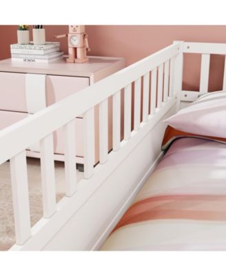 Full Size Montessori Wooden Floor Bed With High Security Barrier And Door For Kids Bedroom