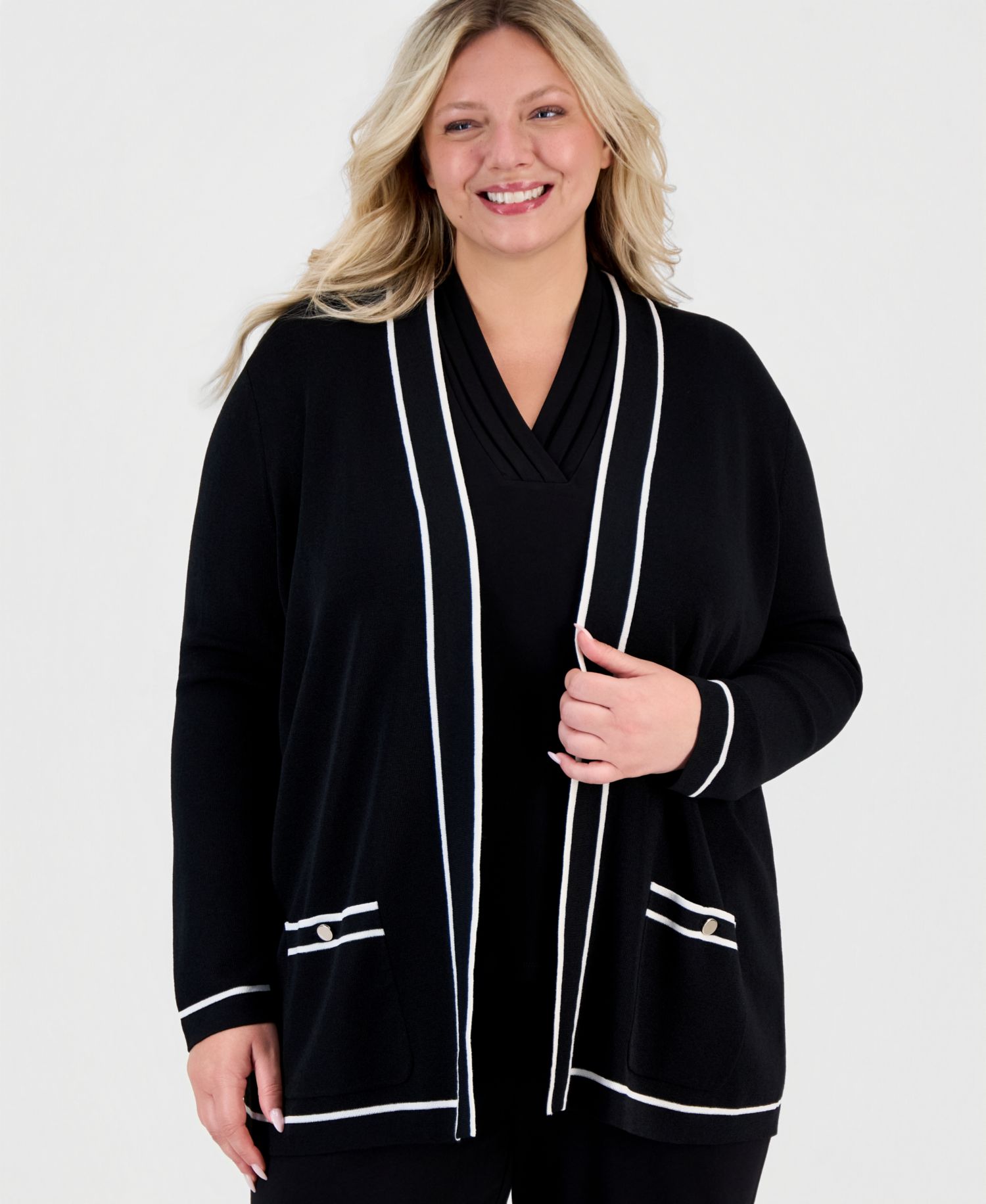 Plus Size Malibu Contrast-Trim Open-Front Cardigan