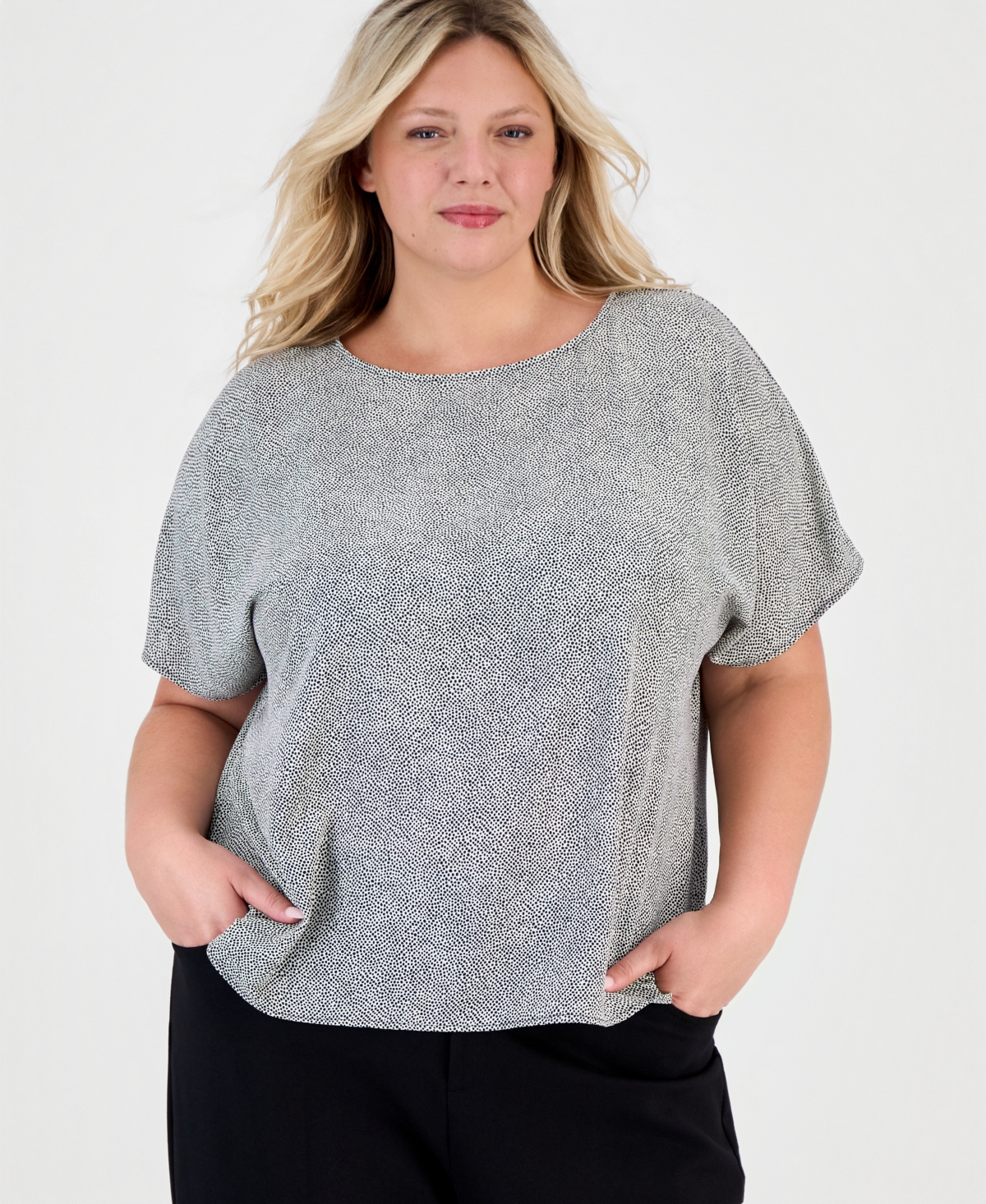Anne Klein Plus Size Printed Bateau-Neck Short-Sleeve Blouse - Anne Black/Anne White