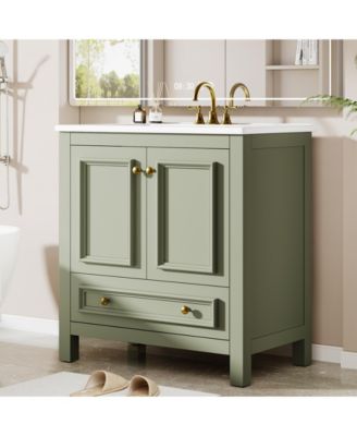 30" Bathroom Vanity with Sink, Freestanding Vanity with Solid Wood Frame, Ceramic Sink, Soft-Close Doors, Drawer & Door Organizer