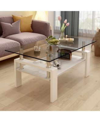 Modern 2-Tier Coffee Table, Rectangle Center Table with Tempered Glass Top, MDF Shelf and Metal Legs for Living Room and Home Office