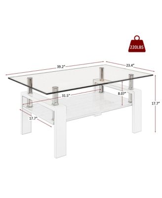 Modern 2-Tier Coffee Table, Rectangle Center Table with Tempered Glass Top, MDF Shelf and Metal Legs for Living Room, Home Office