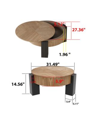 31.5'' Round Coffee Table with Hidden Storage - Wood Parquet Veneer Top Table and 3 Block Legs, Center Accent Table for Living Room