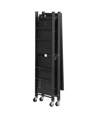 3-Tier Foldable Storage Shelf, Folding Metal Storage Shelving Unit with 5 Wheels and 4 Hooks for Kitchen, Garage, Basement