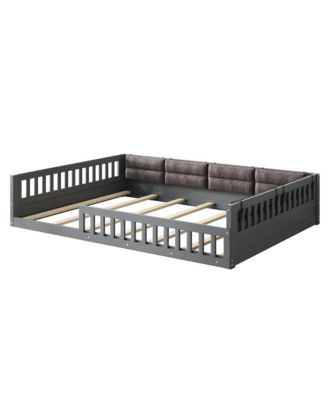 Full Size Wood Upholstered Platform Bed Guardrail Fluffy Pillows Pine Wood MDF