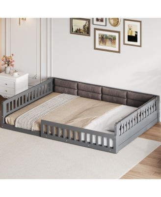 Full Size Wood Upholstered Platform Bed Guardrail Fluffy Pillows Pine Wood MDF