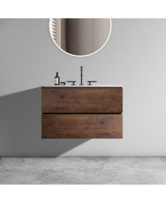 30" Modern Walnut Wall Mount Vanity With Ceramic Sink, 3-Hole Top Handle-Free Soft-Close Drawers, Pre-Assembled