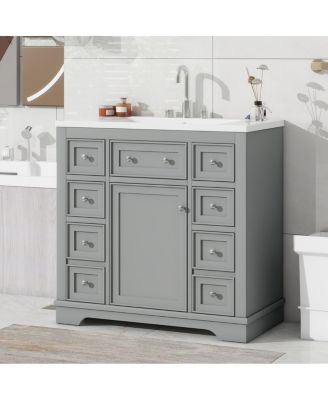 36" Bathroom Vanity with Ceramic Sink, Solid Wood MDF Cabinet with 6 Drawers, Adjustable Shelf for Storage