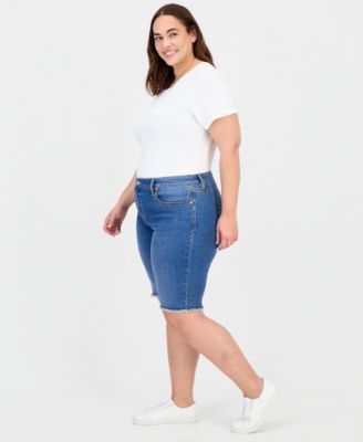 Plus Size Denim Raw-Edge Bermuda Shorts