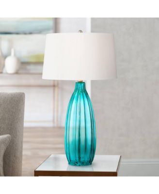 Coastal Table Lamps 30 Tall Set of 2 Fluted Blue Glass  Drum Shade for Living Room Family Bedroom Bedside Nightstand