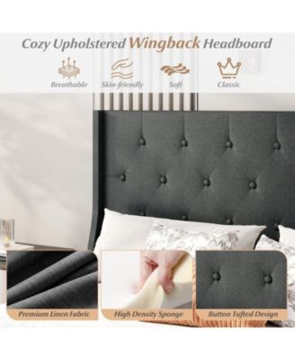 Upholstered Bed Frame with Button Tufted Wingback Headboard and Wooden Slats Support Mattress Foundation