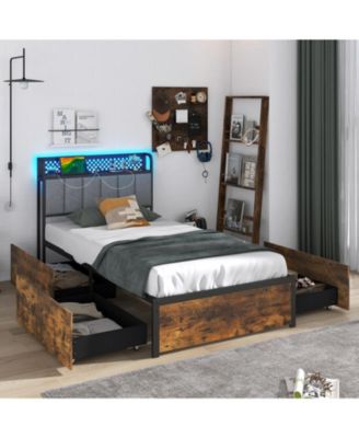 Twin size Bed Frame with LED Lights Upholstered Headboard and 4 Storage Drawers