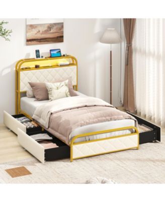 Twin Size Bed Frame with LED Lights and Charging Station