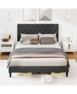 Queen Size Upholstered Platform Bed with Tufted Headboard and Wooden Slats