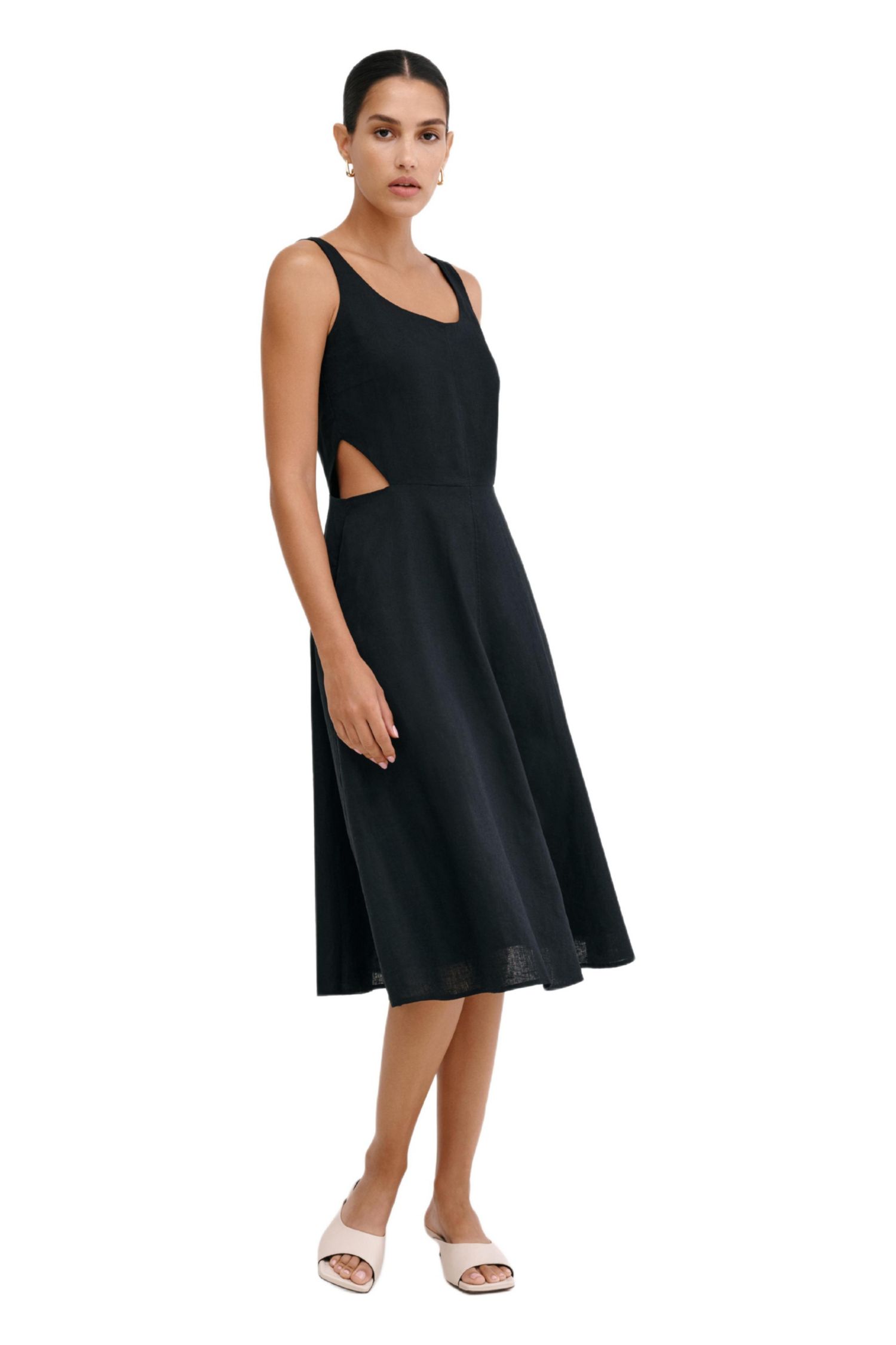 Women's Caroline Linen-Cotton Waist-Cutout A-Line Below-Knee Dress with Pockets