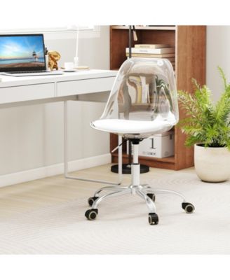 Armless Rolling Office Chair with Swivel Seat and PU Leather Cushion-Clear