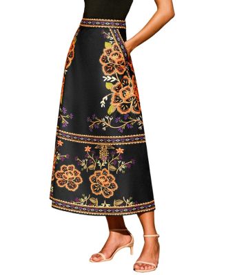 Women's Floral Border Print A-Line Midi Skirt