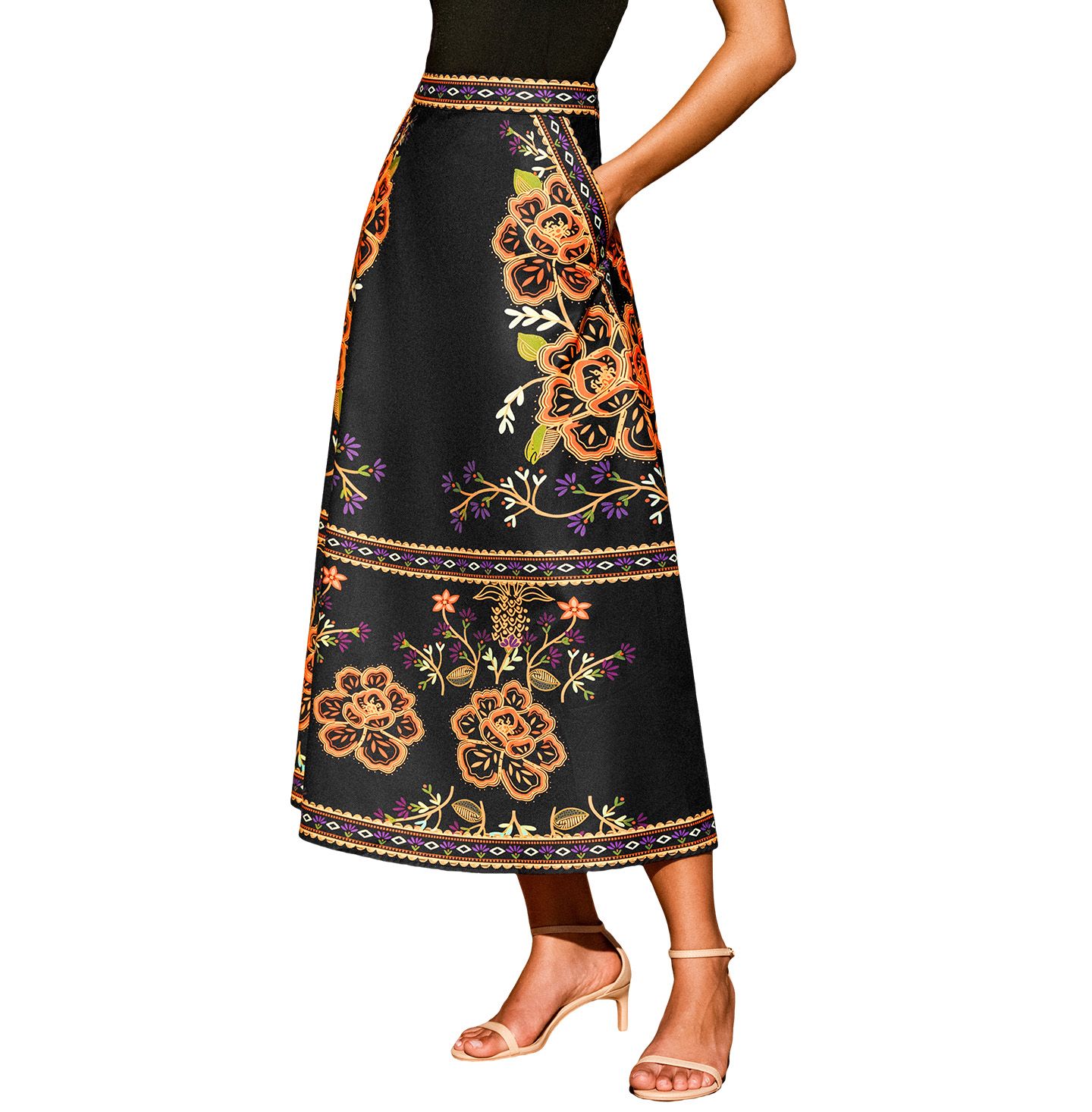 Женская юбка Cupshe Floral Border Print A-Line Midi, цвет: Чёрный — фото 2