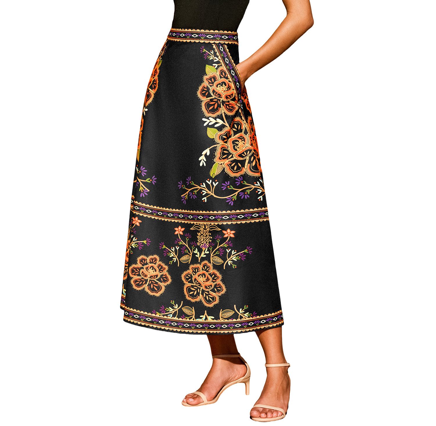 Women's Floral Border Print A-Line Midi Skirt