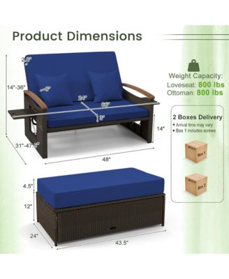 Outdoor Wicker Daybed Patio Loveseat and Storage Ottoman Set w/ Navy Cushions