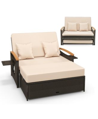 Patio Rattan Daybed Set w/ Cushioned Loveseat and Storage Ottoman