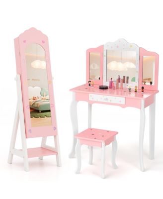 Kids Vanity Set Princess Makeup Dressing Table and Chair Set w/ Jewelry Armoire
