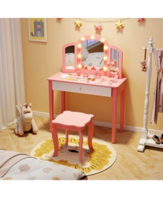 2-in-1 Kids Vanity Table Set with Tri-Folding Detachable Mirror and LED Lights