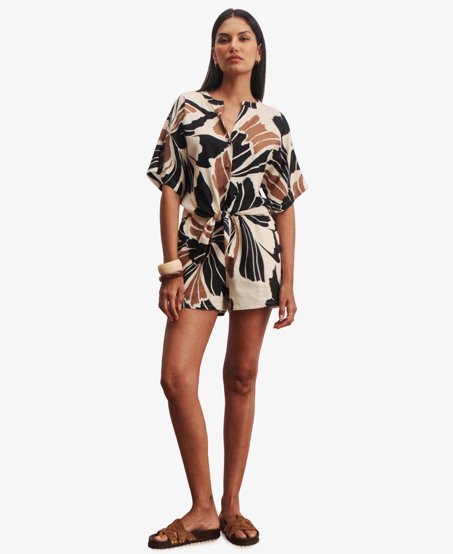 Women's Tie-Front Cap-Sleeve Collared Blouse