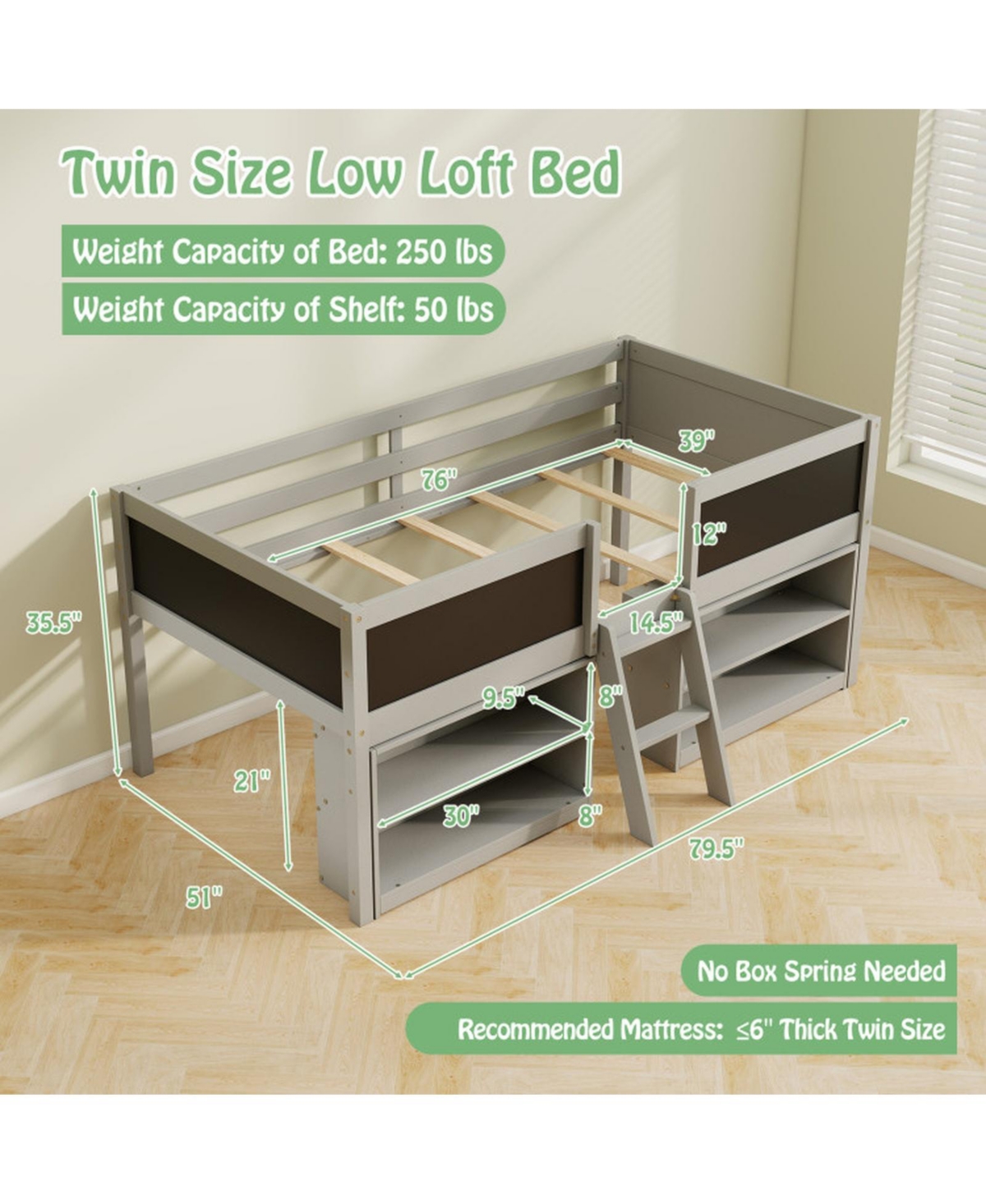 Gouun Loft Bed with Storage Shelves and Ladder