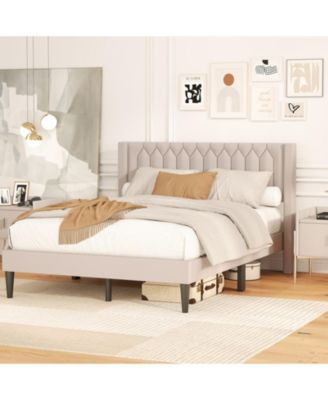 Velvet Upholstered Platform Bed Frame with Headboard and Wingback Headboard