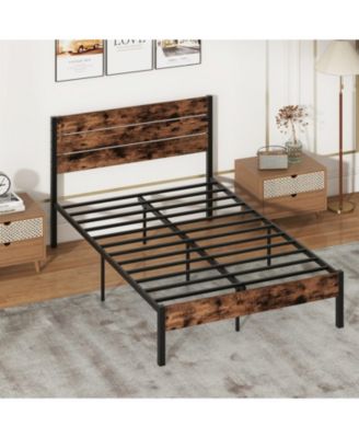 Metal and Wood Platform Bed Frame with Headboard and Noise-Free Slats
