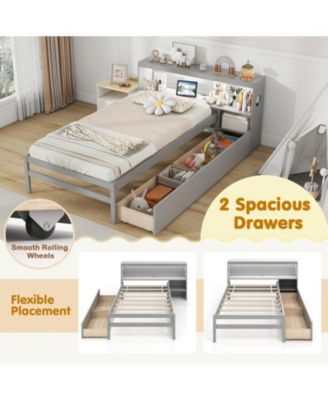 Solid Wood Platform Bed Frame with LED Lights and Headboard and Bookcase Headboard