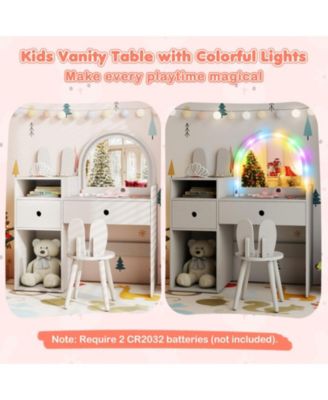 Kids Vanity Desk and Chair Set with Colorful Lights and Open Shelves