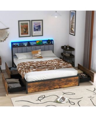 Metal Platform Bed Frame with LED Lights and Storage Drawers and Headboard