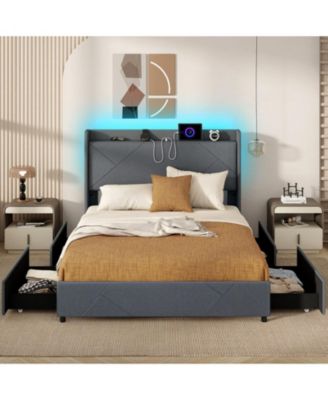 Queen Metal and Wood Bed Frame with LED Lights and Charging Station