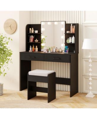 Makeup Vanity Set with Lighted Mirror Power Outlet and Cushioned Stool