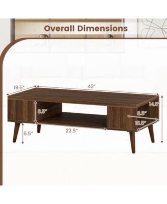 42 in Mid-Century Coffee Table with Compartment and Side Shelves
