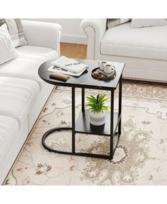 C-Shaped Modern Sofa Side Table with Faux Marble Top and Storage Shelf