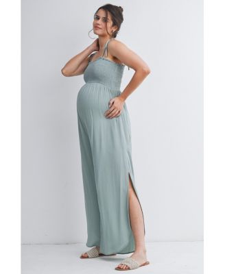 Maternity Smocked Wide-Leg Jumpsuit with Tie Shoulders and Side Slit